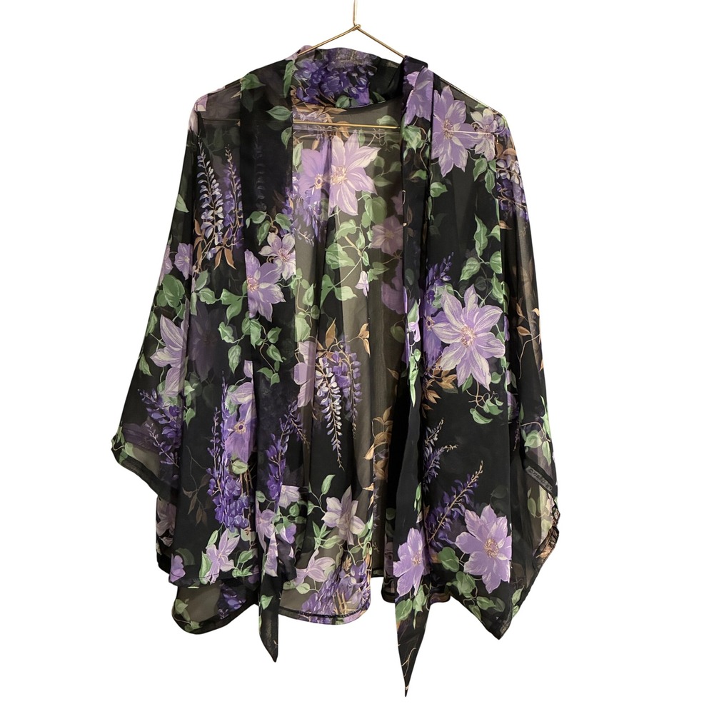 Purple Floral Chiffon Kimono Wrap Cardigan Sheer Black Botanical Cover Up S